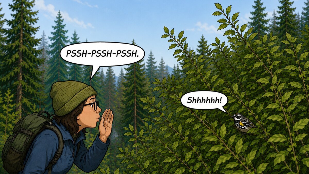 Cartoon of a birder pishing at a thicket while a small bird peeks out and holds a wing to its beak to say Shhhh